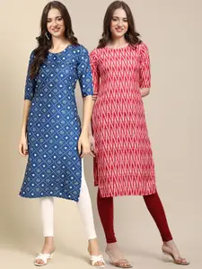 7Threads Women Pack of 2 Blue & Red Printed  Straight Crepe Kurta