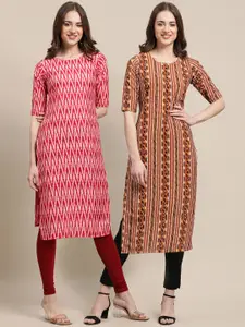 7Threads Women Pack of 2 Red & Brown Printed Crepe Kurta