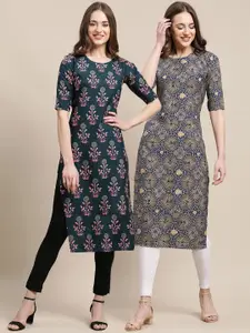 7Threads Women Blue & Navy Blue Set Of 2 Printed Crepe Kurta