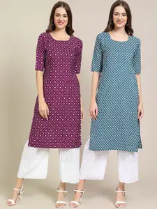 7Threads Women Blue & Violet Ethnic Motifs Printed Crepe Kurta
