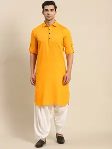 RAJUBHAI HARGOVINDAS Men Yellow Woven Design Pure Cotton Pathani Kurta