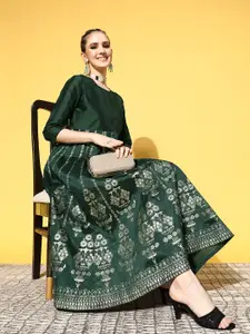 Shae by SASSAFRAS Women Gorgeous Green Polyester Brocade Ethnic Dress