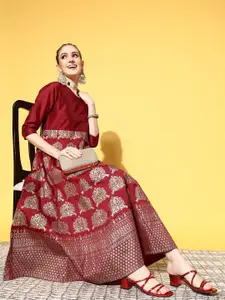 Shae by SASSAFRAS Women Maroon Polyester Brocade Ethnic Dress