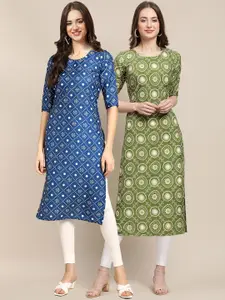 7Threads Women Set Of 2 Blue & Green Floral Printed Crepe Kurta