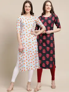 7Threads Women Off White & Grey Set Of 2 Ethnic Motifs Printed Thread Work Crepe Kurta