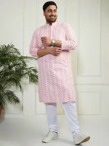 VASTRAMAY Men  Plus size Pink  Embroidered Chikankari Pure Cotton Kurta with Pyjamas