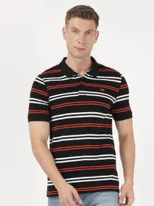 Lee Men Black Striped Polo Collar Applique Slim Fit T-shirt