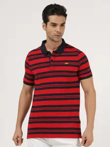 Lee Men Navy Blue & Red Striped Polo Collar Cotton T-shirt