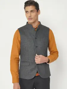 Blackberrys Men Charcoal-Grey Woven-Design Bandgala Nehru Jacket