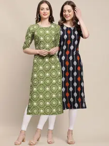 7Threads Women Green & Blue Ethnic Motifs Printed Block Print Crepe Kurta