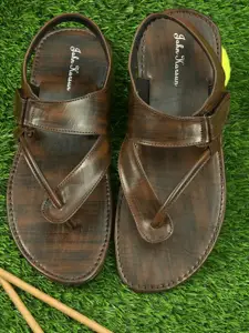 John Karsun Men Brown & Black Synthetic Leather Comfort Sandals