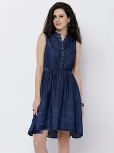 Tokyo Talkies Women Navy Blue Washed Fit and Flare Dress