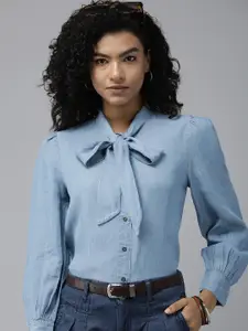 The Roadster Lifestyle Co. Women Pure Cotton Chambray Casual Shirt With Tie-Knot Detail