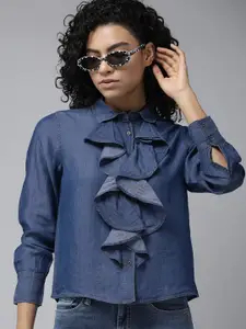 The Roadster Lifestyle Co. Pure Cotton Ruffle Detailed Chambray Casual Shirt