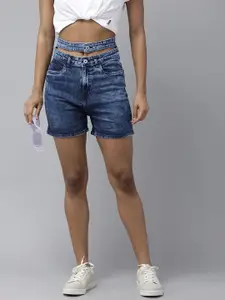 The Roadster Lifestyle Co. Women High-Rise Cut-Out Detailed Denim Shorts