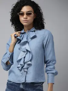 The Roadster Lifestyle Co. Pure Cotton Ruffle Detailed Chambray Casual Shirt