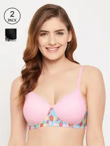 Clovia Women Pack of 2 Pink & Black Padded Non-Wired Full Cup Printed T-shirt Bra