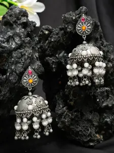 YouBella Women Silver-Plated & White Contemporary Jhumkas Earrings
