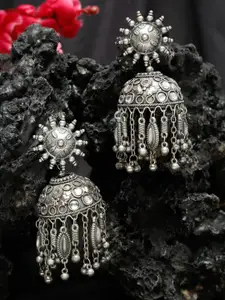 YouBella Women Silver-Plated Contemporary Meenakari Jhumkas Earrings