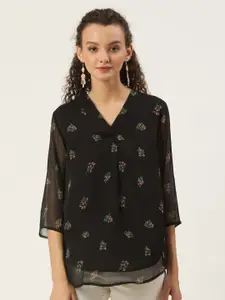 SHAYE Black Floral Print Crepe Shirt Style Top