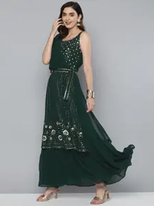 Kvsfab Green Floral Embroidered Sequinned Georgette Maxi Dress