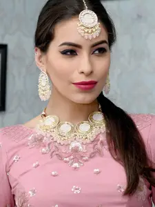 ODETTE Gold Gold-Plated Pink Stone-Studded & Beaded Choker Necklace Set