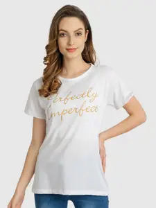 CHOZI Women White Typography Printed Bio Finish T-shirt