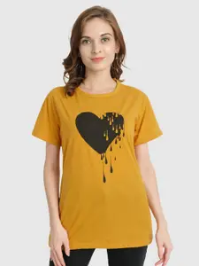 CHOZI Women Mustard Yellow Printed Bio Finish T-shirt