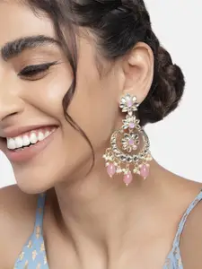 I Jewels Pink Gold Plated Kundan & Faux Pearl Studded Chandbali Earrings