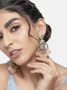 I Jewels Peach-Coloured Gold Plated Kundan & Faux Pearl Studded Chandbali Earrings