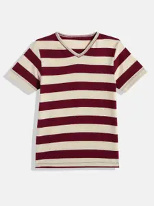METRO KIDS COMPANY Boys Cream-Coloured & Maroon Striped Pure Cotton T-shirt