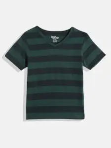 METRO KIDS COMPANY Boys Green & Black Striped V-Neck Pure Cotton T-shirt