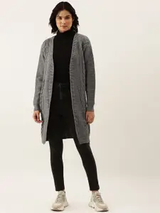 BROOWL Women Grey Self Design Woollen Longline Shrug