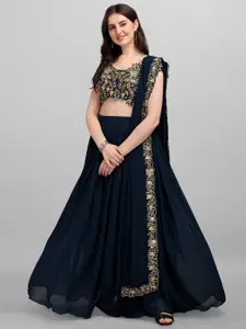 Ethnic Yard Navy Blue & Gold-Toned Embroidered Thread Work Semi-Stitched Lehenga & Unstitched Blouse With
