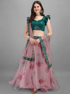 Ethnic Yard Pink & Green Printed Semi-Stitched Lehenga & Unstitched Blouse With Dupatta