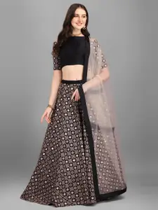 Ethnic Yard Black & Pink Embroidered Semi-Stitched Lehenga & Unstitched Blouse With Dupatta
