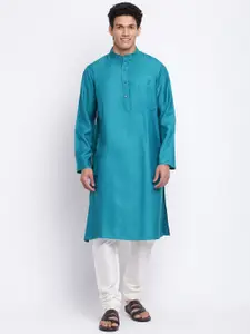 Fabindia Men Teal Blue Solid Straight Kurta