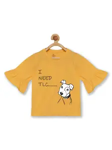 KiddoPanti Girls Orange Graphic Printed T-shirt