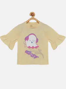 KiddoPanti Girls Cream-Coloured Printed Petal Sleeves T-shirt