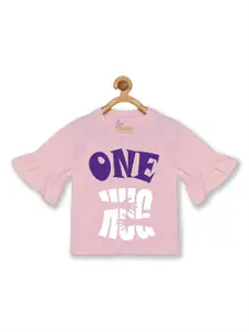 KiddoPanti Girls Pink Typography Printed Petal Sleeves T-shirt