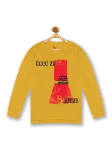 KiddoPanti Boys Mustard Yellow Typography Printed T-shirt