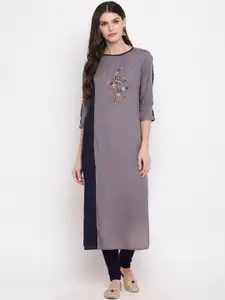 Vbuyz Women Grey & Navy Blue Embroidered Kurta