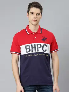 Beverly Hills Polo Club Men Red & Navy Blue Typography Printed Polo Collar Cotton T-shirt