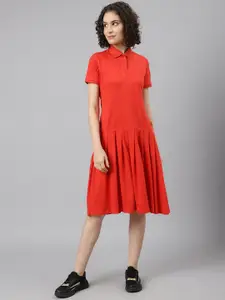 Beverly Hills Polo Club Women Red Solid Pleated Shirt Dress