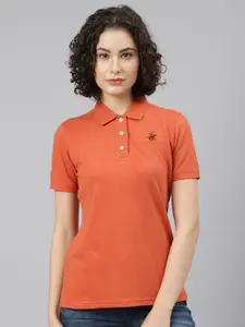 Beverly Hills Polo Club Women Orange Solid Cotton Polo Collar T-shirt