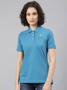 Beverly Hills Polo Club Women Turquoise Blue Solid Cotton Polo Collar T-shirt
