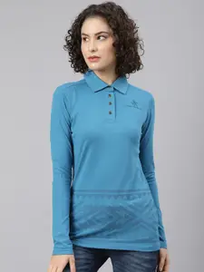 Beverly Hills Polo Club Women Turquoise Blue Printed Polo Collar T-shirt