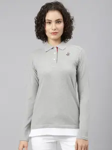 Beverly Hills Polo Club Women Grey & White Polo Collar T-shirt