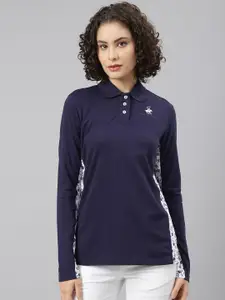 Beverly Hills Polo Club Women Navy Blue Polo Collar T-shirt