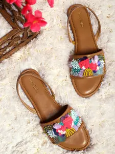 Marc Loire Women Tan Embellished Party Open Toe Flats